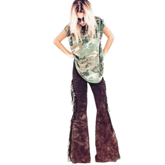 PETITE LENGTH High Waisted Fringe Bell Bottoms in BROWN TIE DYE Size XS S M L XL - Picture 3 of 8